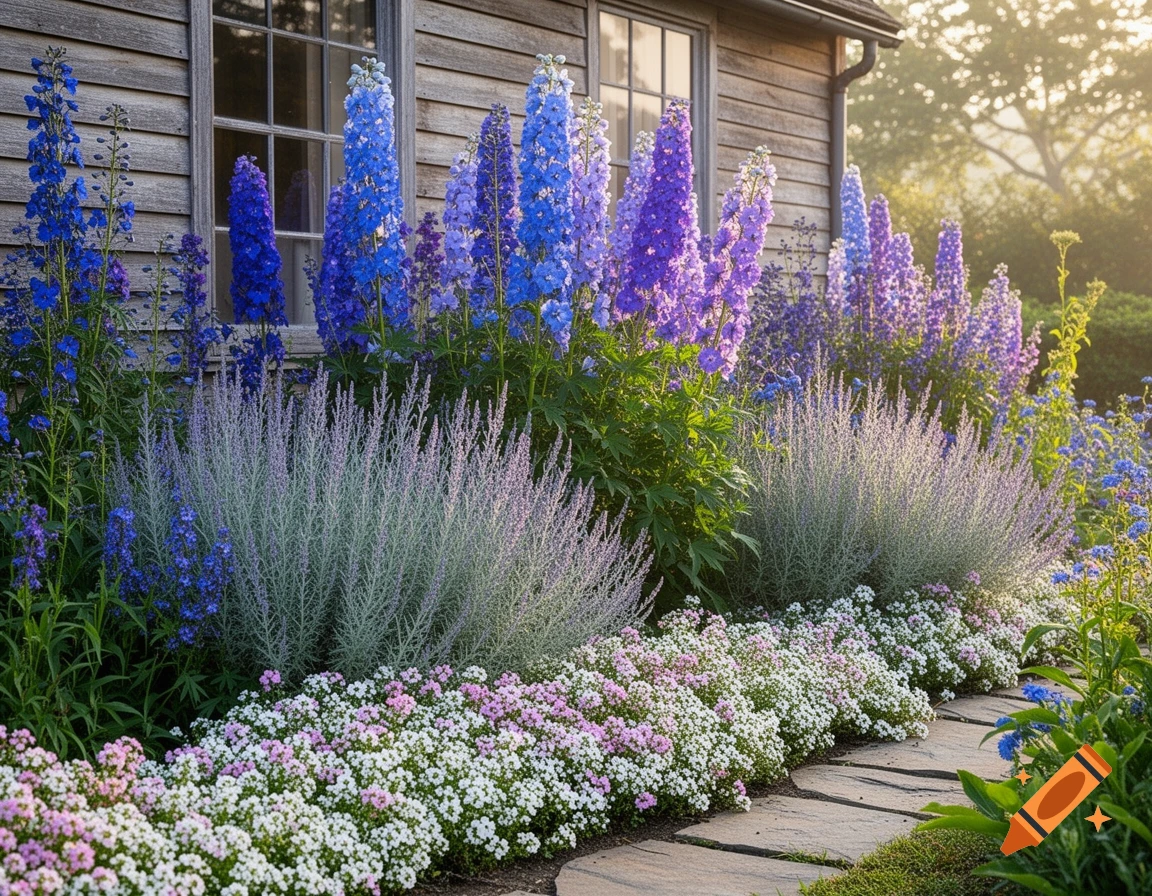 Vibrant garden with blue delphiniums, Russian sage, and sweet alyssum carpeting a stone path next to a rustic wooden house.