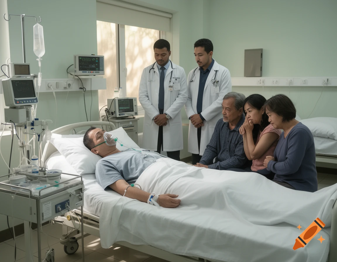 A somber hospital scene where two doctors stand with three family members beside a patient in bed, wearing an oxygen mask.