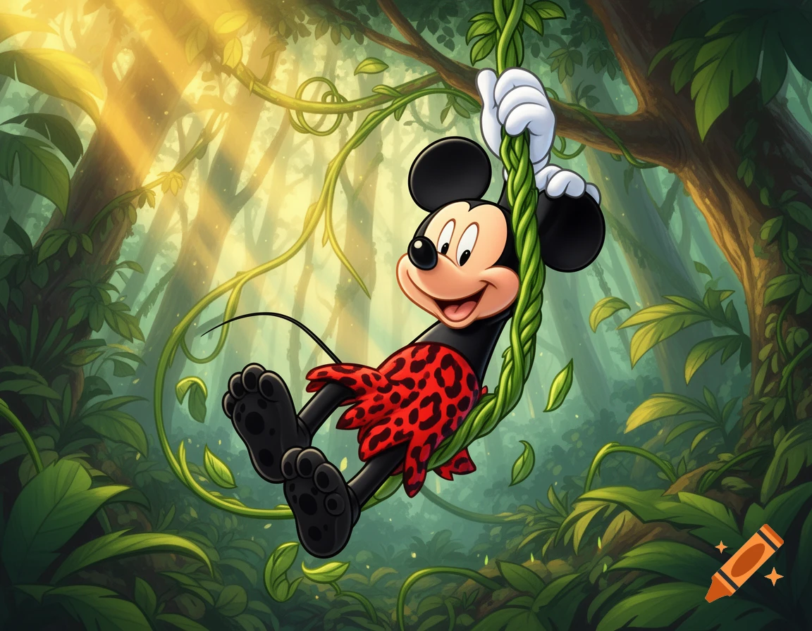 Mickey Mouse in a red leopard print loincloth swings from a green vine in a sun-dappled jungle.