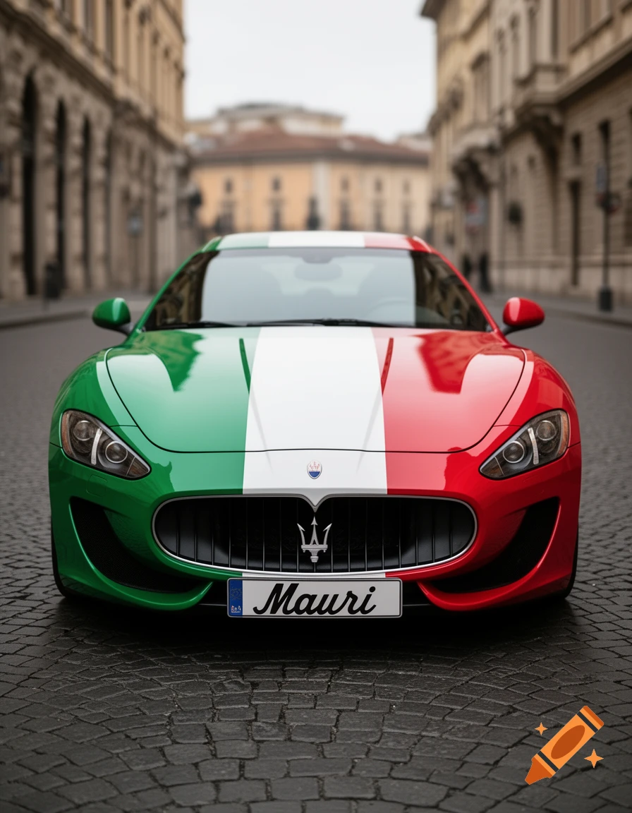 A front view of a Maserati car painted in Italian flag colors (green, white, and red) on a cobblestone street, with 'Mauri' on its license plate.