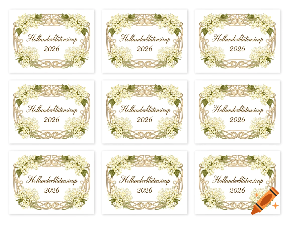 Nine identical labels for elderflower syrup, featuring 'Hollunderblütensirup 2026' in a decorative font, framed by an Art Nouveau border with white elderflowers.