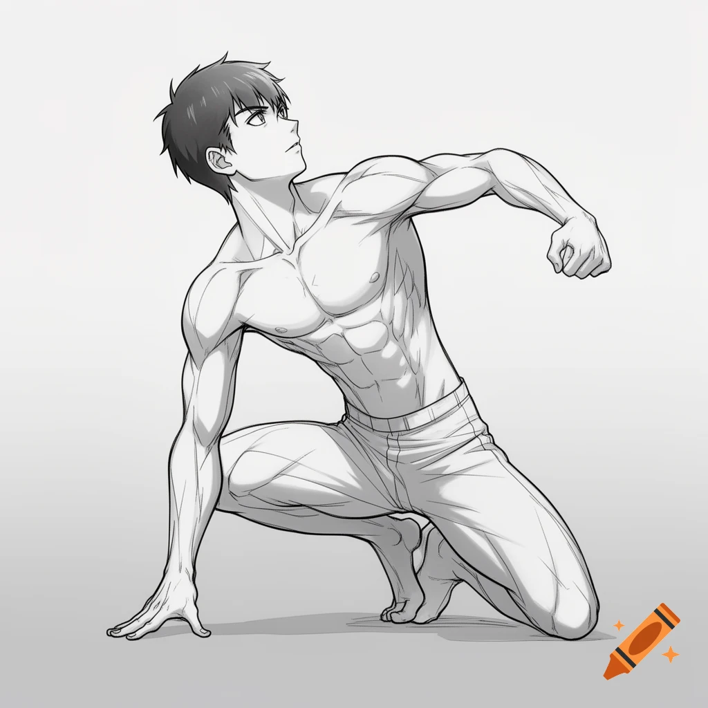 Anime male character in a crouching dynamic pose, shirtless, with one hand on the ground, ready to strike, line art.