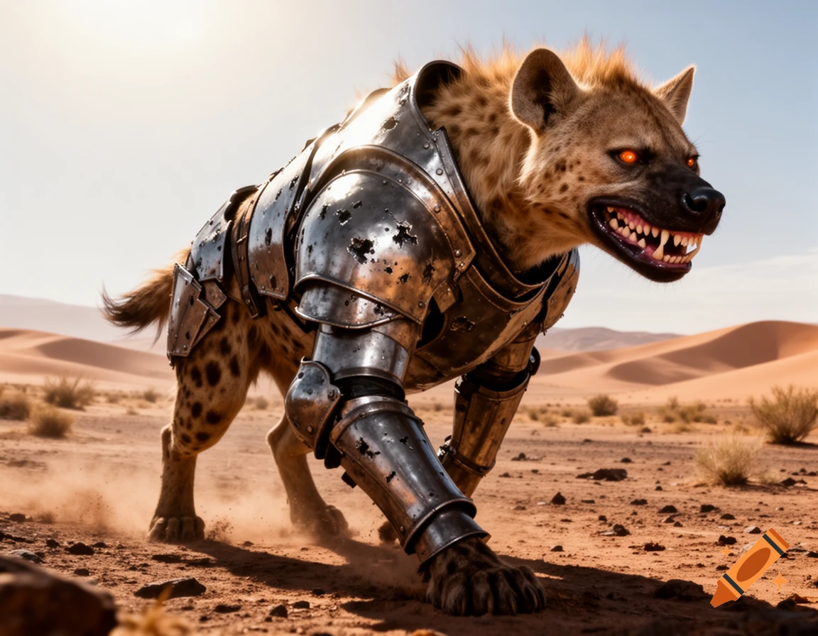 A fierce hyena wearing medieval plate armor with glowing red eyes stands in a sunny desert landscape, kicking up dust.