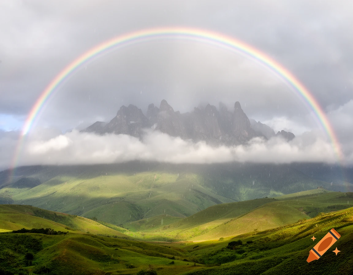 A vibrant rainbow arches over a dramatic mountain range shrouded in clouds, above sunlit green rolling hills. Photorealistic.