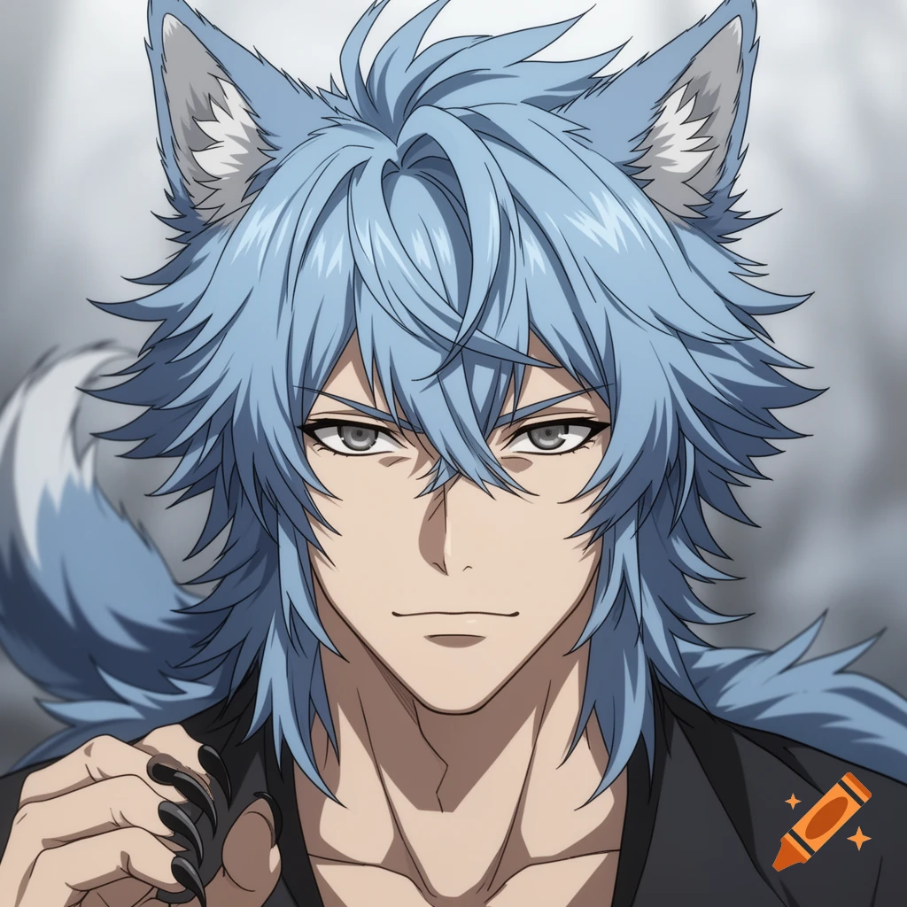 Close-up of an anime wolf-guy with sky-blue messy hair, wolf ears, grey eyes, and claws, against a muted background.