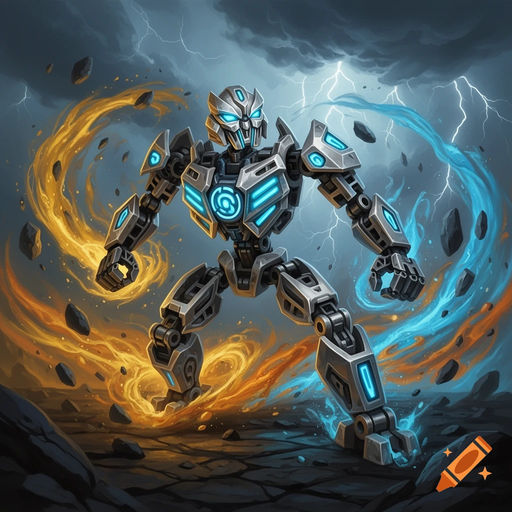 A powerful silver and blue robot with glowing energy on its chest and limbs stands amidst swirling orange flames and blue energy under a stormy sky with lightning.