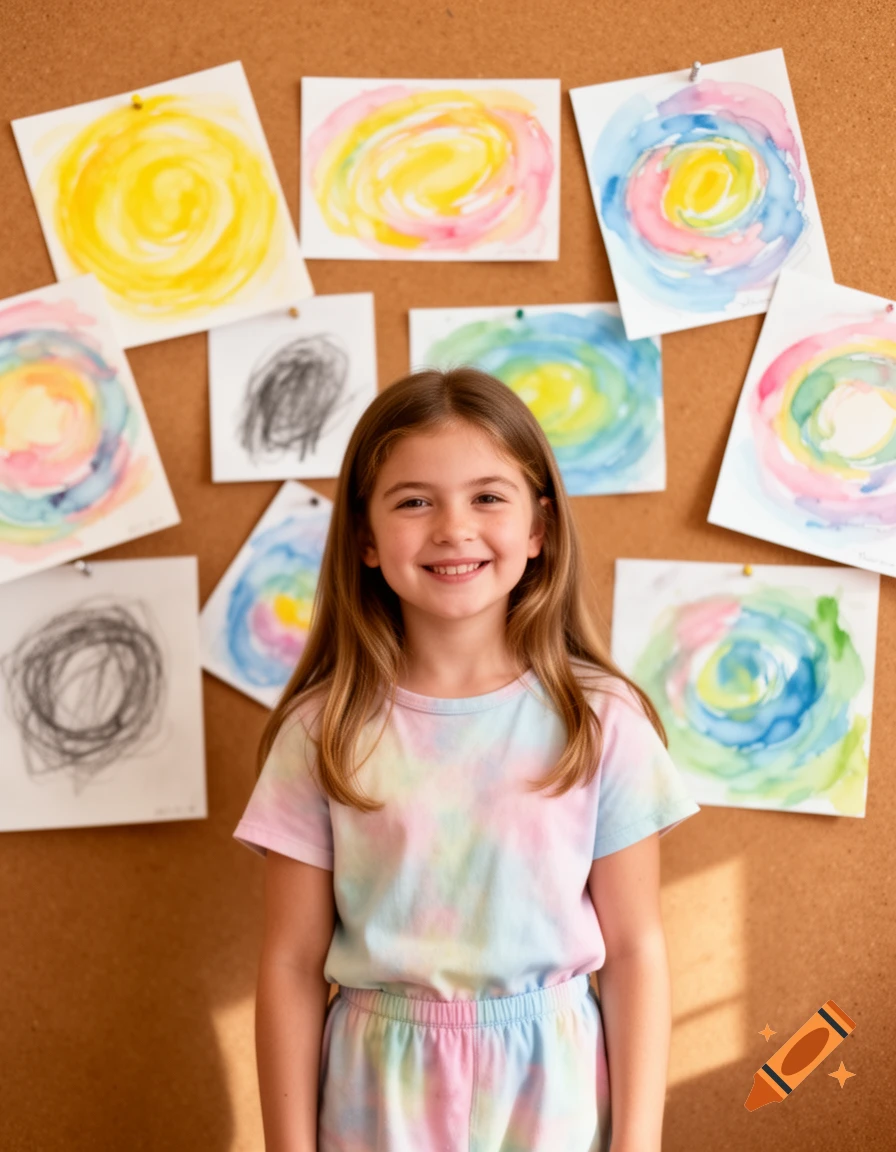 Smiling young girl in a tie-dye outfit stands in front of a cork board filled with colorful, abstract children's artwork.