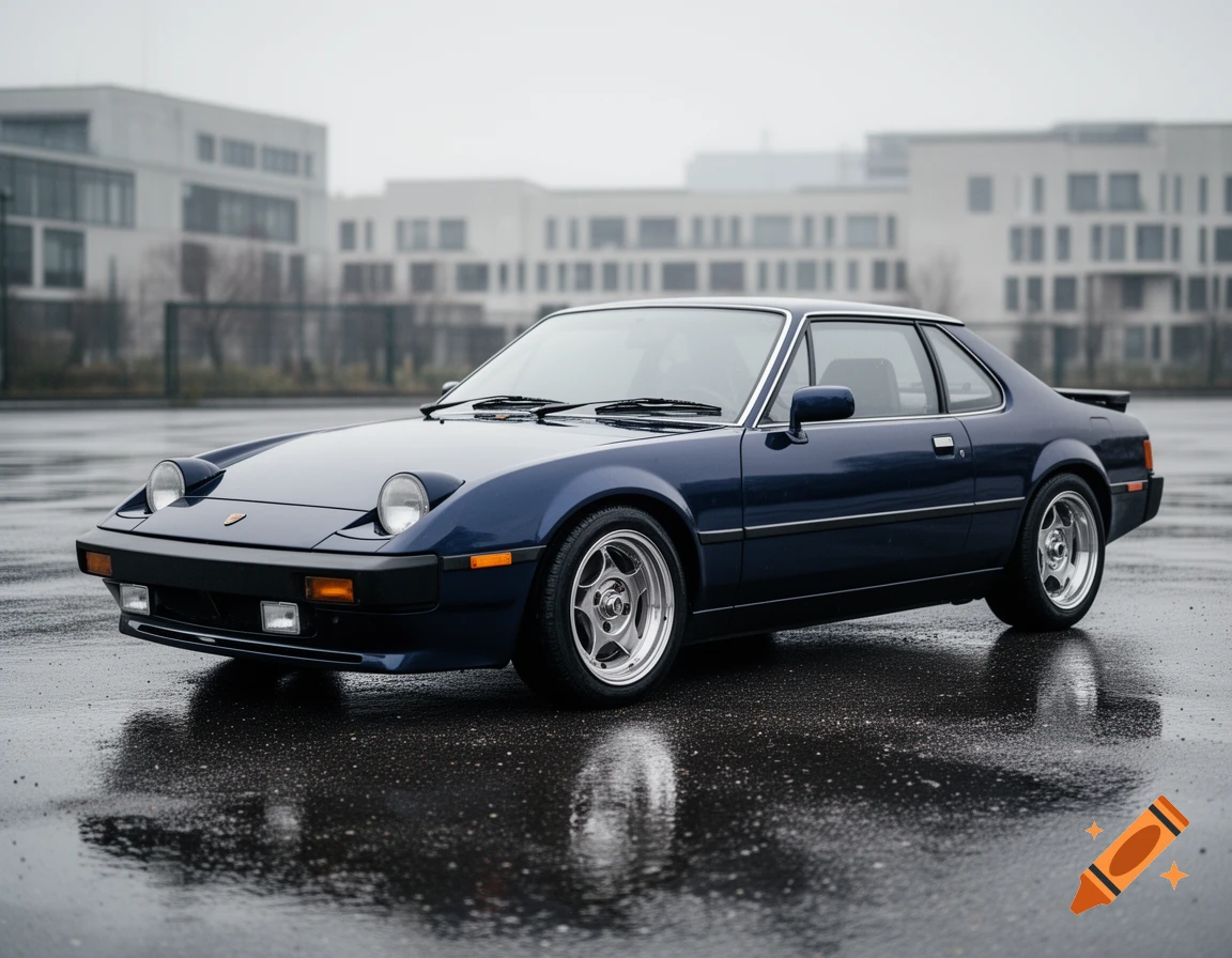 A dark blue vintage sports car with pop-up headlights on a wet asphalt surface in front of modern buildings on an overcast day.