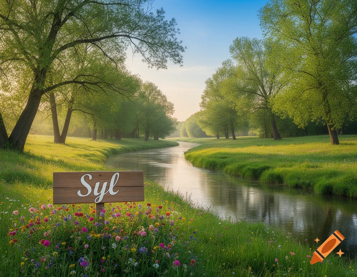 A photorealistic image of a winding river in a lush green landscape with trees and wildflowers, featuring a wooden sign with "Syl".
