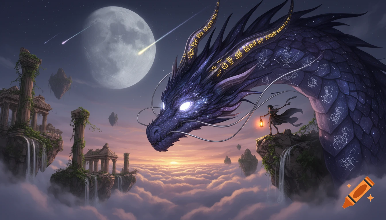 A cosmic dragon with glowing eyes and constellations on its body floats above clouds at twilight. A traveler holds a lantern on a floating island with ancient ruins, under a giant moon.