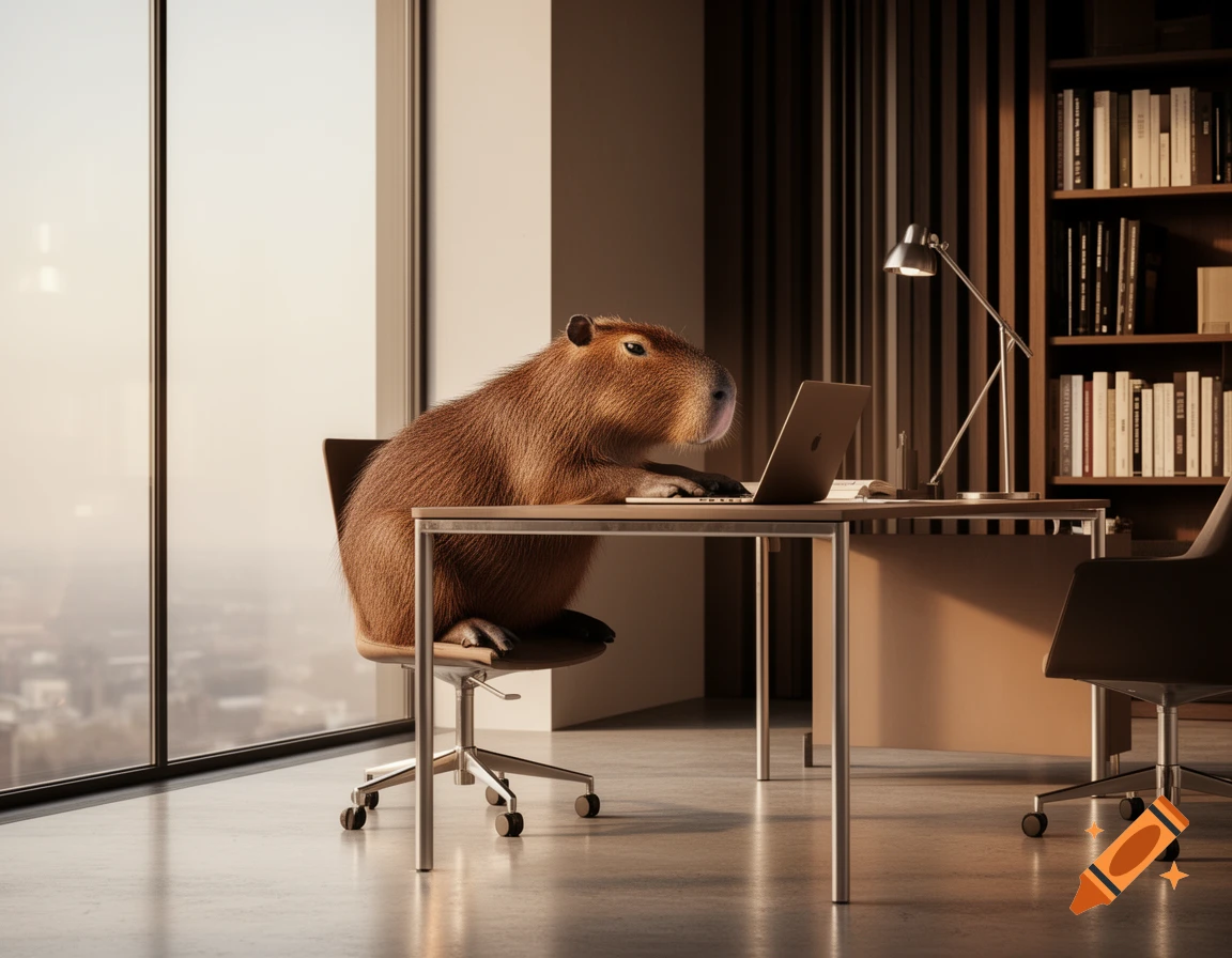 A photorealistic capybara sits at a desk, typing on a laptop in a modern office with large windows.