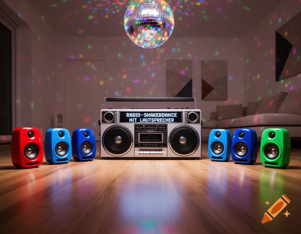 A retro boombox and colorful mini-speakers on a wooden floor under a disco ball, casting light in a room.