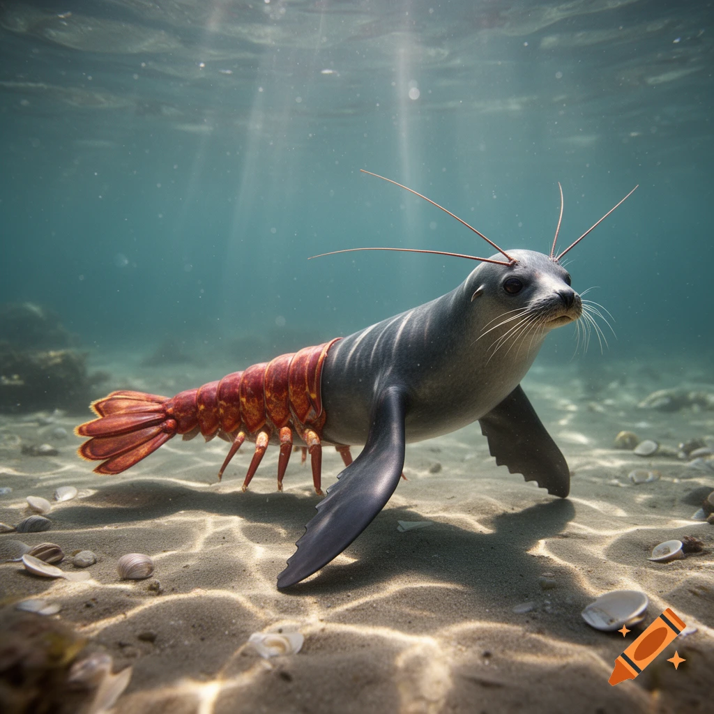Photorealistic seal-lobster hybrid with antennae on a sandy ocean floor under sunlit water.