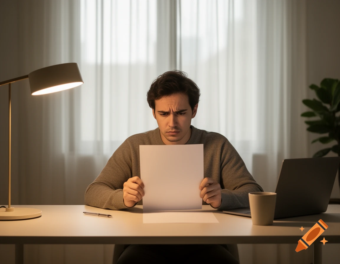 A man with a furrowed brow stares intently at a blank paper on his desk, a laptop and lamp beside him in a dim room.