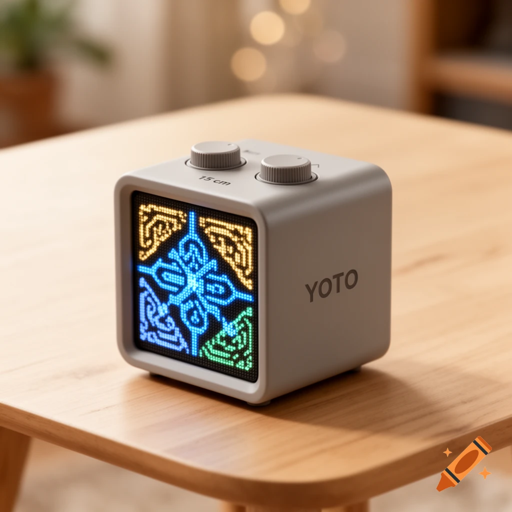 A light gray cube-shaped electronic player with two knobs, an LED screen showing a colorful Zelda-like pattern, labeled YOTO and 15 cm, on a wooden table.