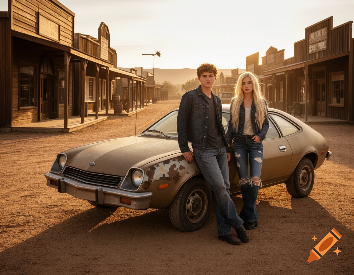 A young man and woman in denim jackets and jeans stand next to a weathered brown Ford Pinto in a dusty Western town at sunset.