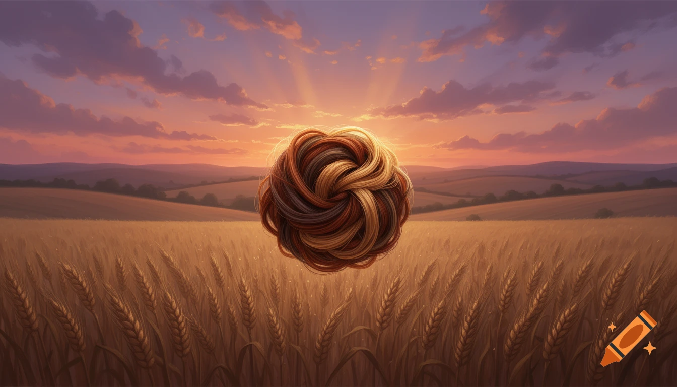 A stylized ball of interwoven brown, blonde, and reddish hair floats above a golden wheat field at sunset, with a vibrant sky.