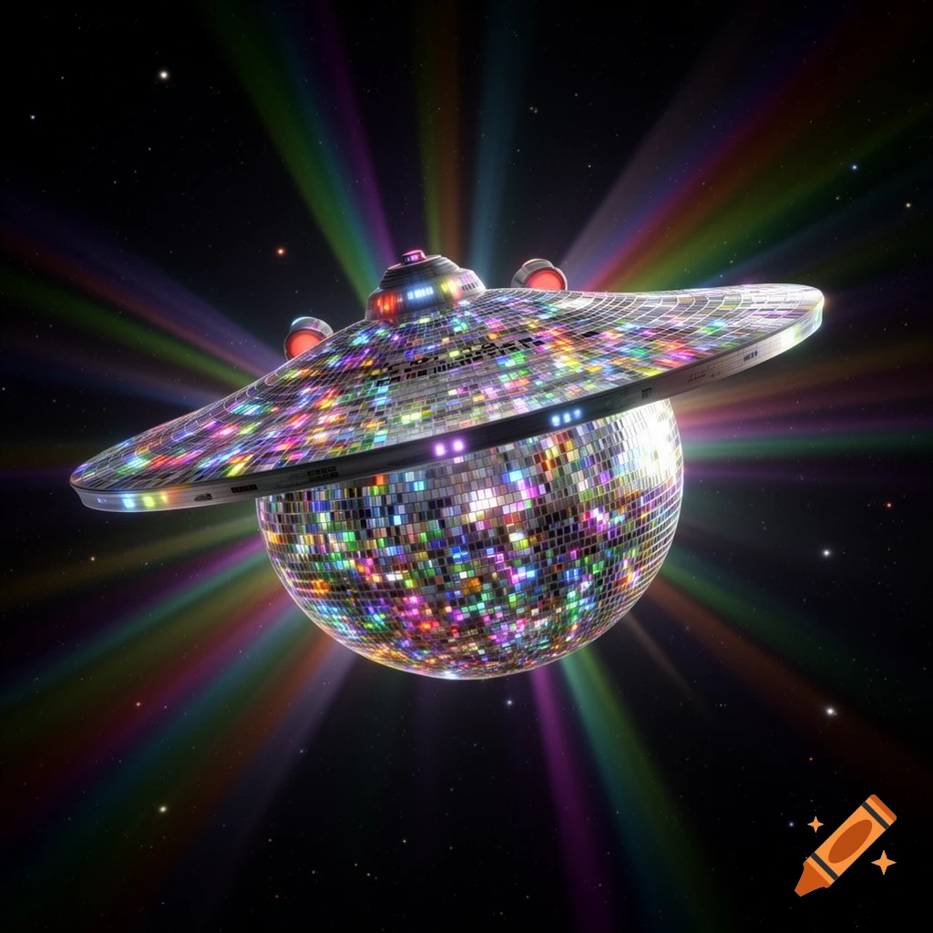 A USS Enterprise spaceship reimagined as a sparkling disco ball, emitting rainbow light beams in deep space.