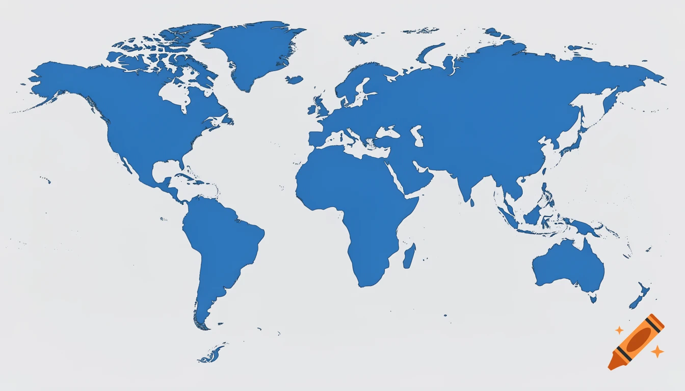 A stylized world map with continents colored solid blue against a white background.