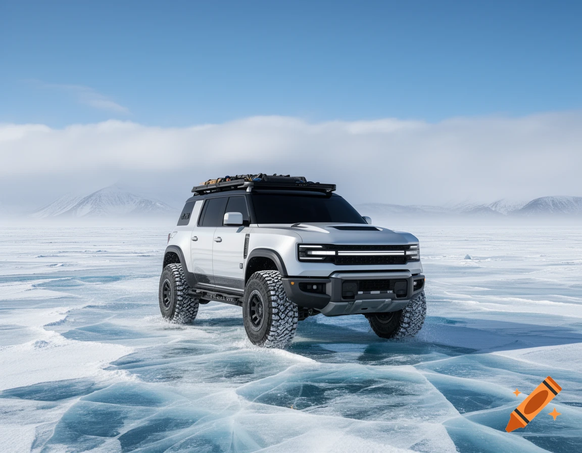 A modern silver 4x4 SUV with off-road tires on a cracked icy surface with snowy mountains in the background under a blue sky.