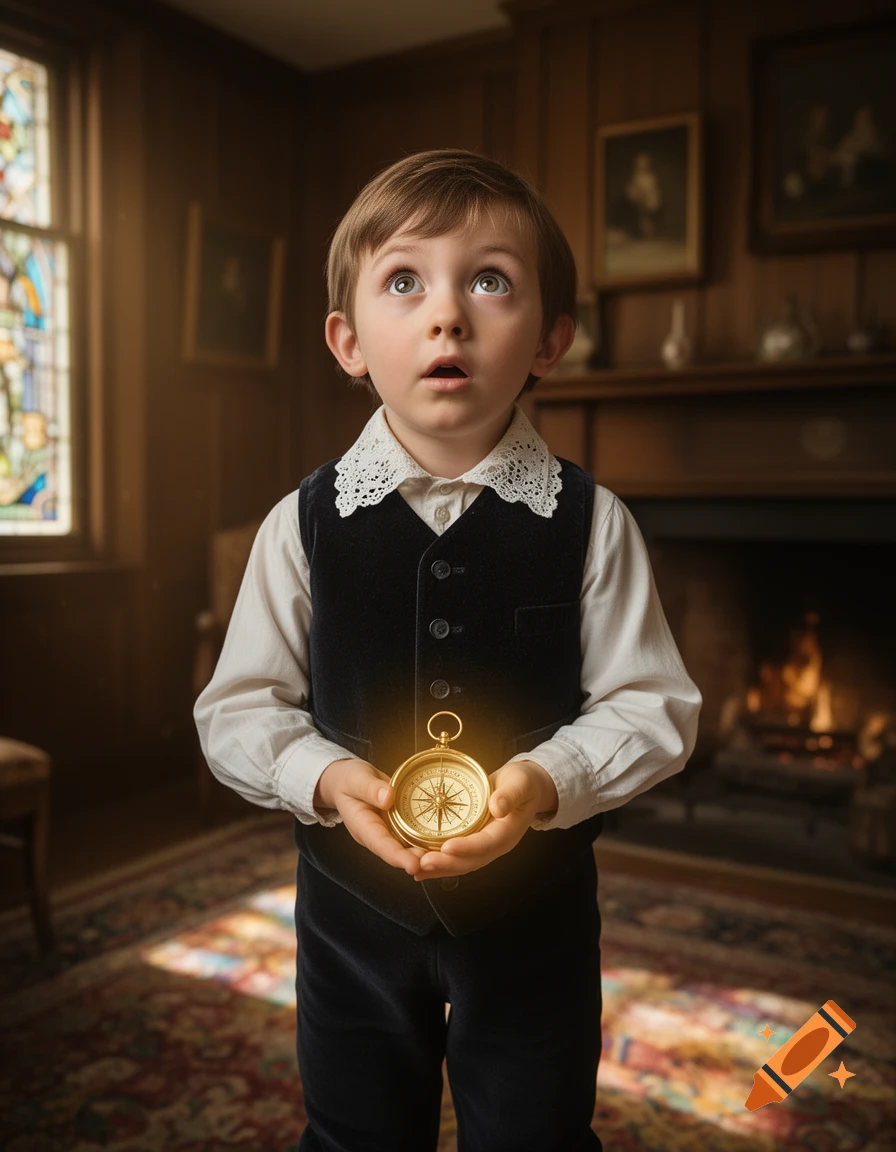 A young boy in period clothing looks up in awe, holding a glowing golden compass in a classic room.