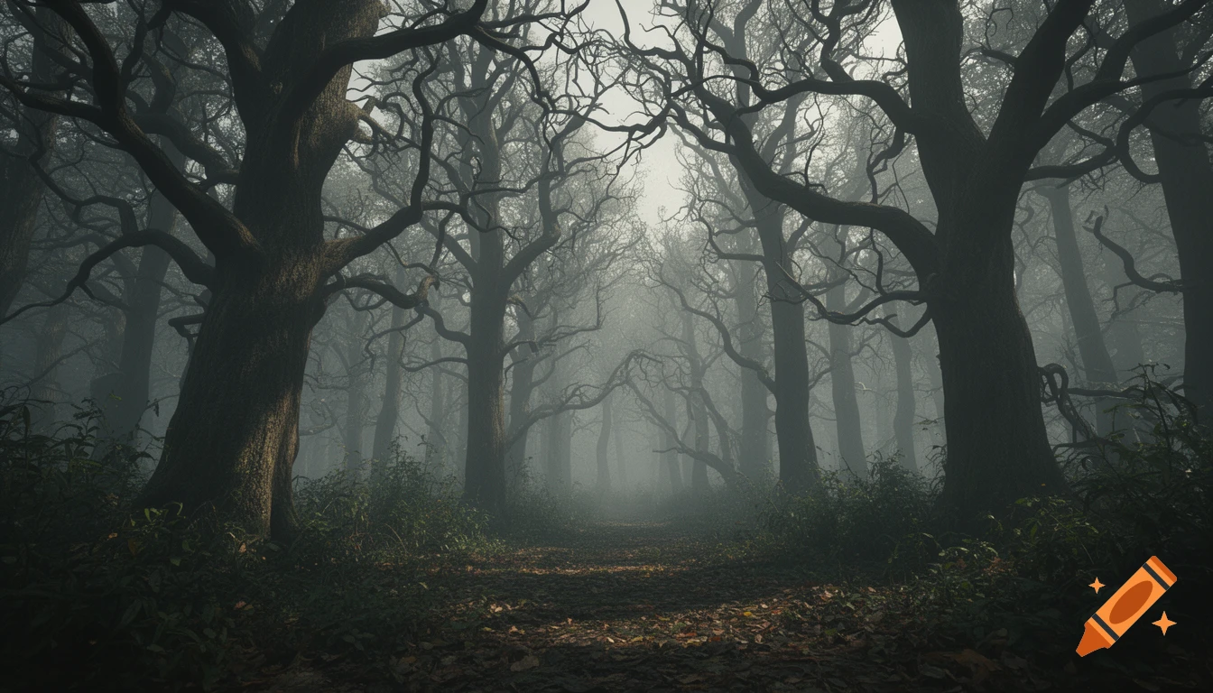 An eerie, misty forest with gnarled bare trees and a dark path leading into the fog.