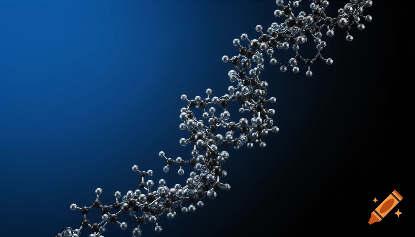 A 3D molecular carbon chain with metallic reflections twists diagonally across a deep blue to black gradient background.