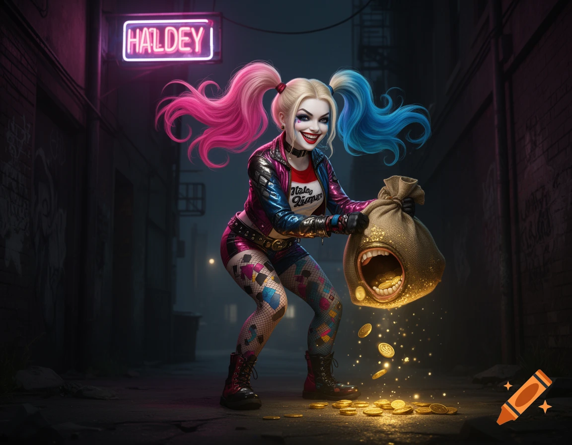 Harley Quinn in a dark alley, smiling while holding a magical money bag spilling gold coins. A neon sign glows 'HALDEY' above her.