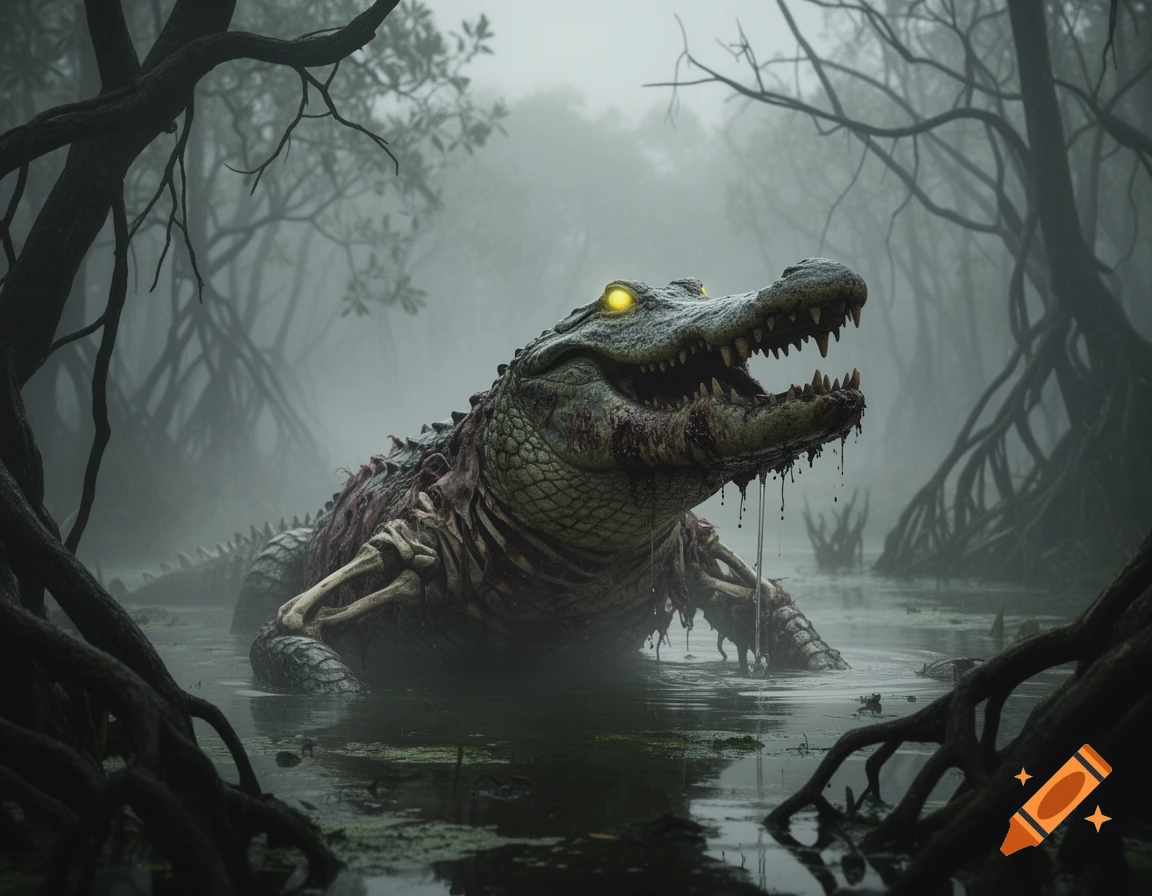 A zombie crocodile with glowing yellow eyes, exposed bones, and blood dripping from its mouth in a misty swamp.