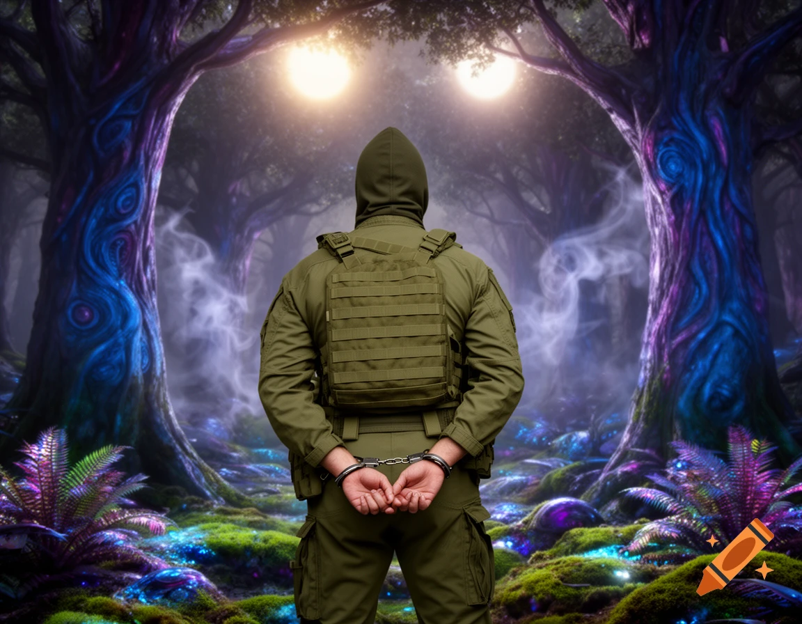 A hooded soldier, hands cuffed behind their back, stands facing a vibrant, alien fantasy forest with glowing plants and two moons.