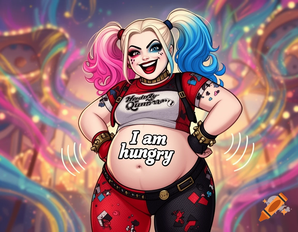 A chubby, cartoon-style Harley Quinn with pink and blue pigtails, wearing her signature red and black outfit, smiles broadly with "I am hungry" written on her exposed belly, against a colorful, festive background.