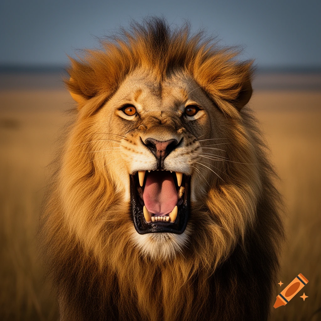 Photorealistic close-up of a majestic lion roaring, mouth open revealing sharp teeth and tongue, with a long shaggy mane against a blurred savanna background.