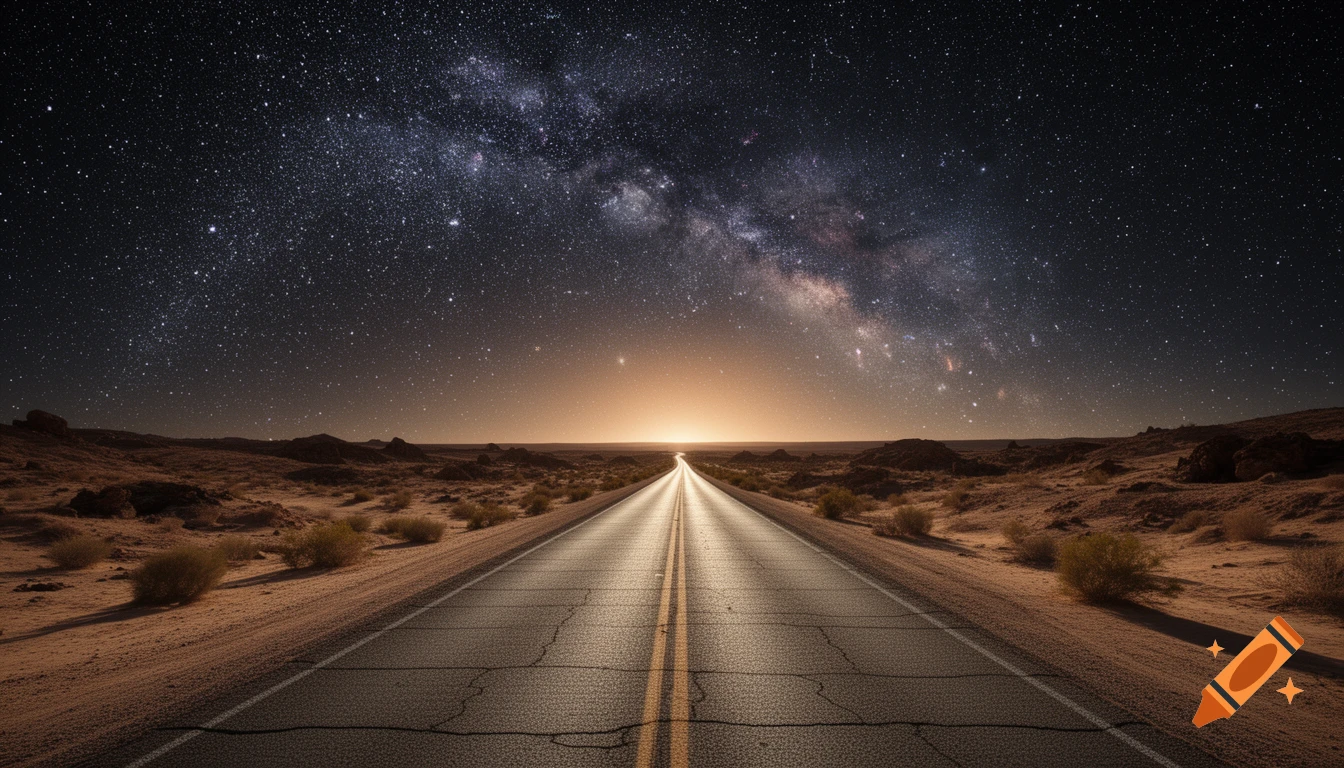 Photorealistic desert road extending into the distance under a vast, star-filled night sky with the Milky Way visible.