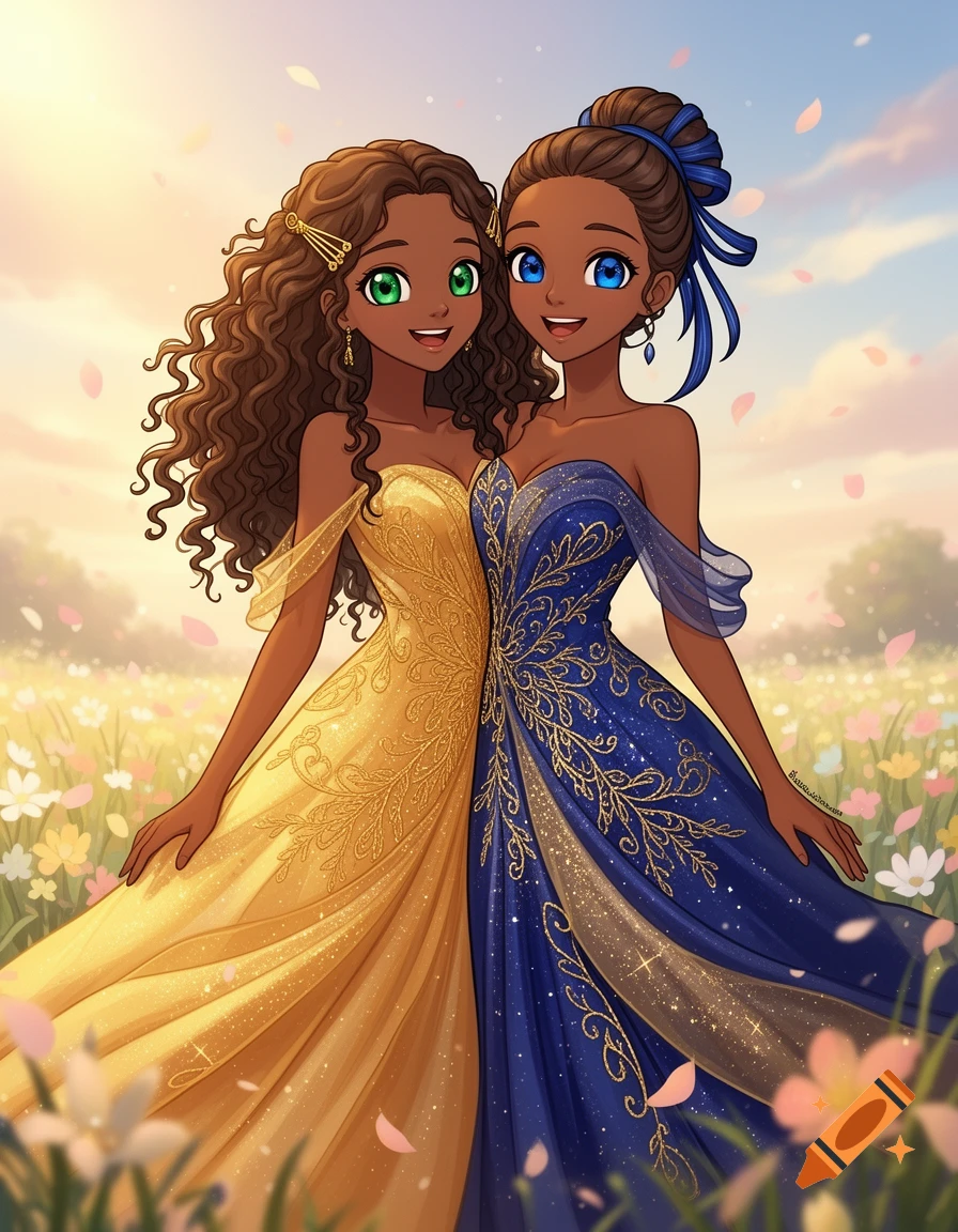 Two smiling brown-skinned anime girls wearing a shared gold and blue dress in a flowery field with petals falling.