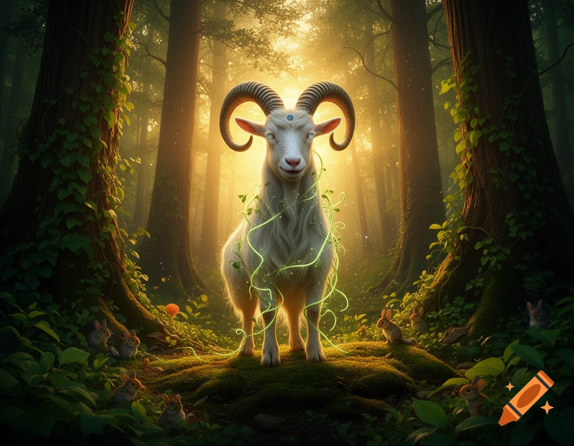A majestic white ram-horned forest god with a third eye and glowing green vines stands in a sunlit, lush fantasy forest with rabbits.