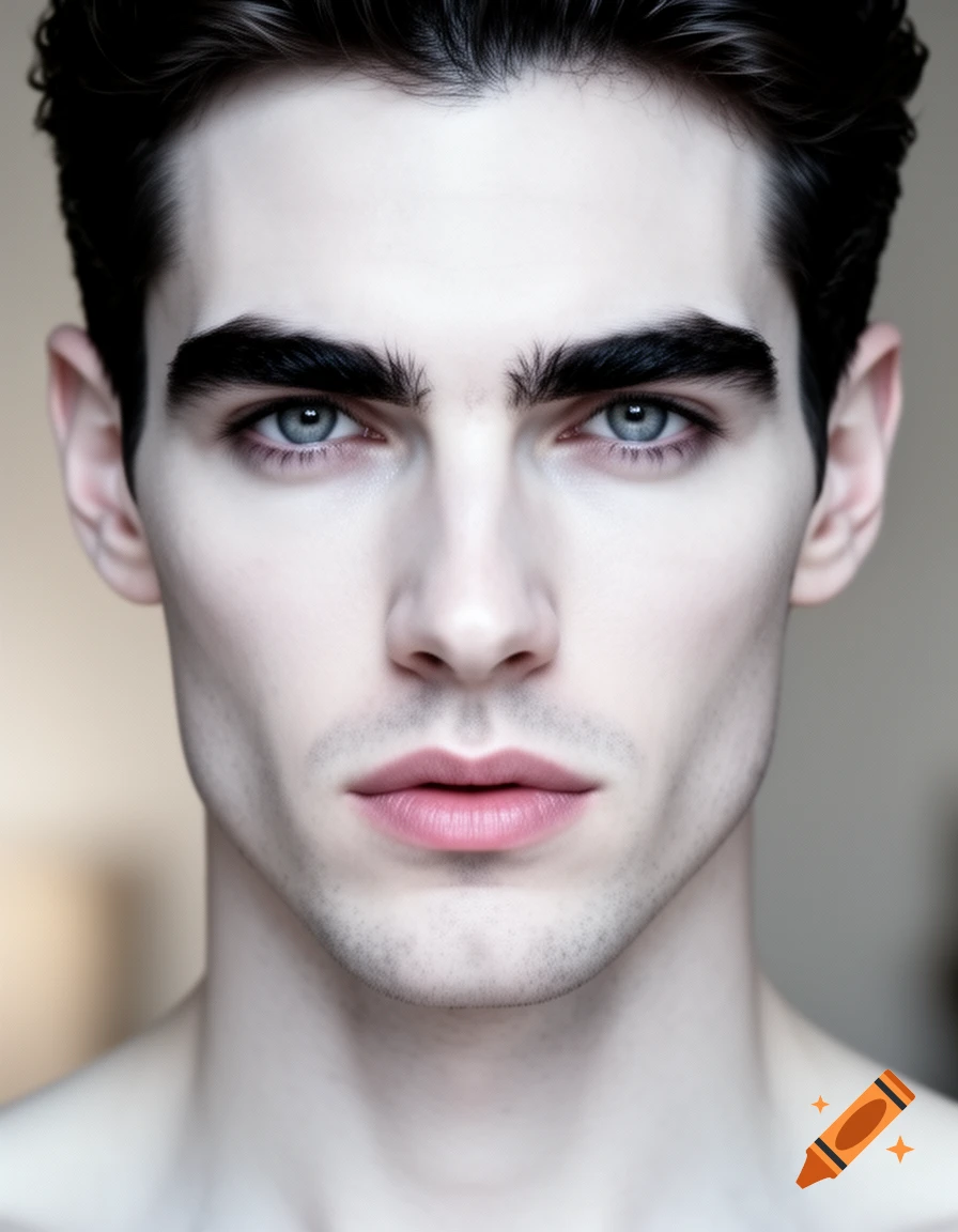 Close-up photorealistic portrait of a pale-skinned man with dark hair, thick eyebrows, light blue eyes, and light pink lips.