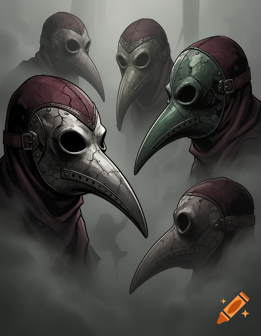Several dark, comic-book style plague doctors in ornate masks emerge from a misty background.