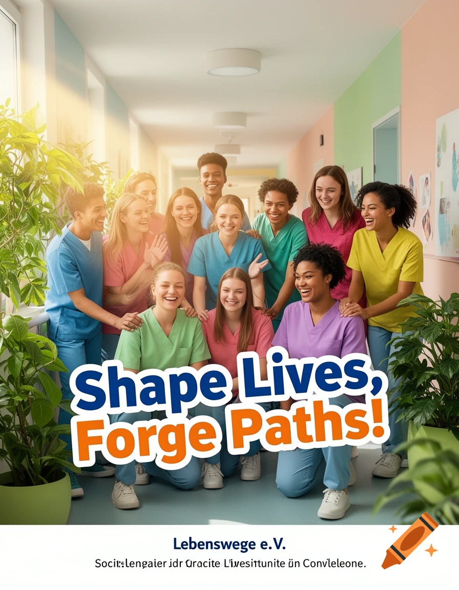 A diverse group of smiling healthcare students in colorful scrubs stands and kneels in a brightly lit hallway, with text "Shape Lives, Forge Paths!".
