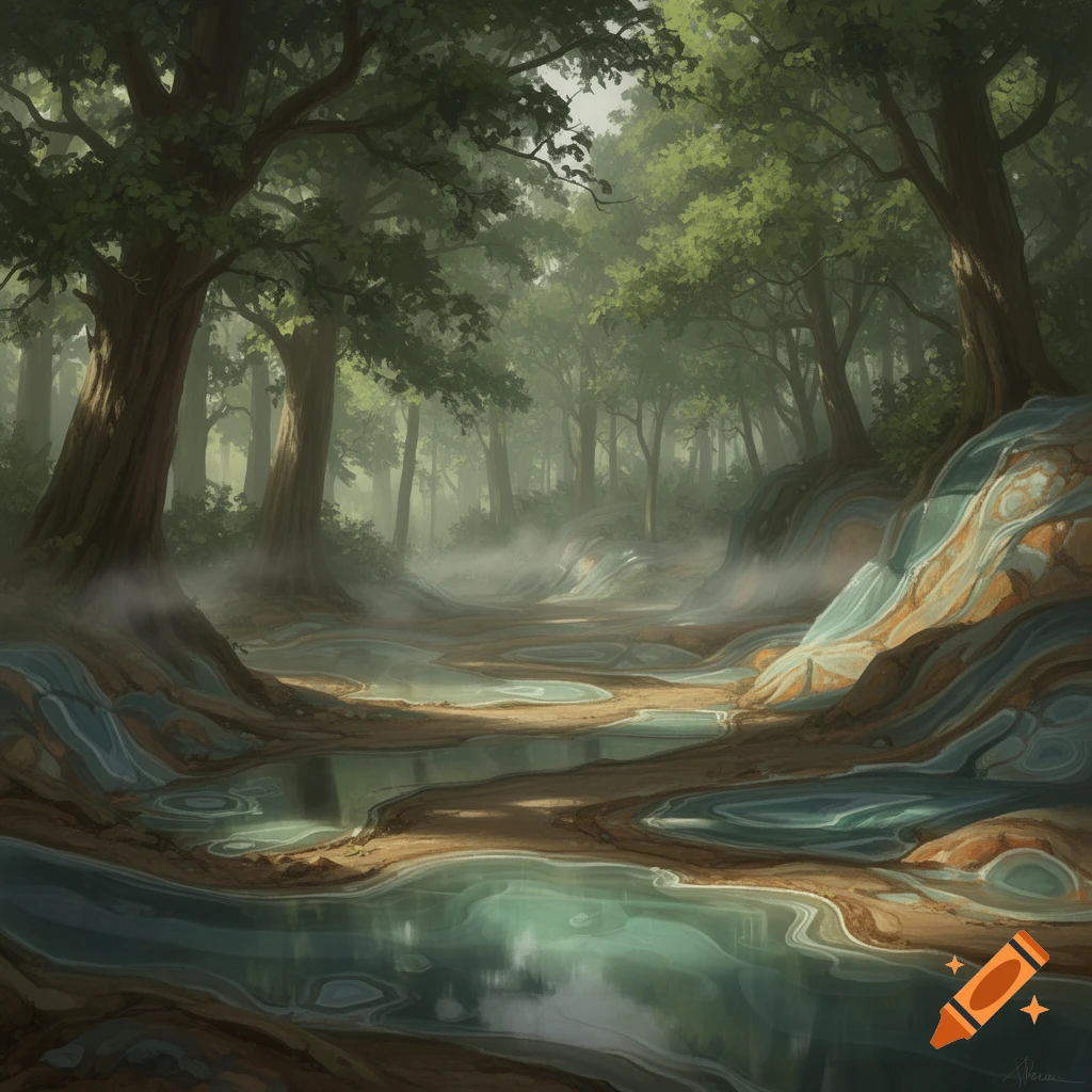 A misty, ethereal forest scene with large trees, glowing pools of water, and stylized, layered rock formations resembling dendritic agate.