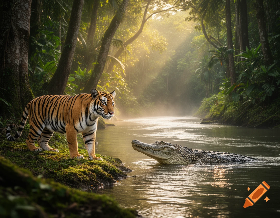 A photorealistic image of a tiger standing on a mossy riverbank, looking at a crocodile partially submerged in the misty jungle river.