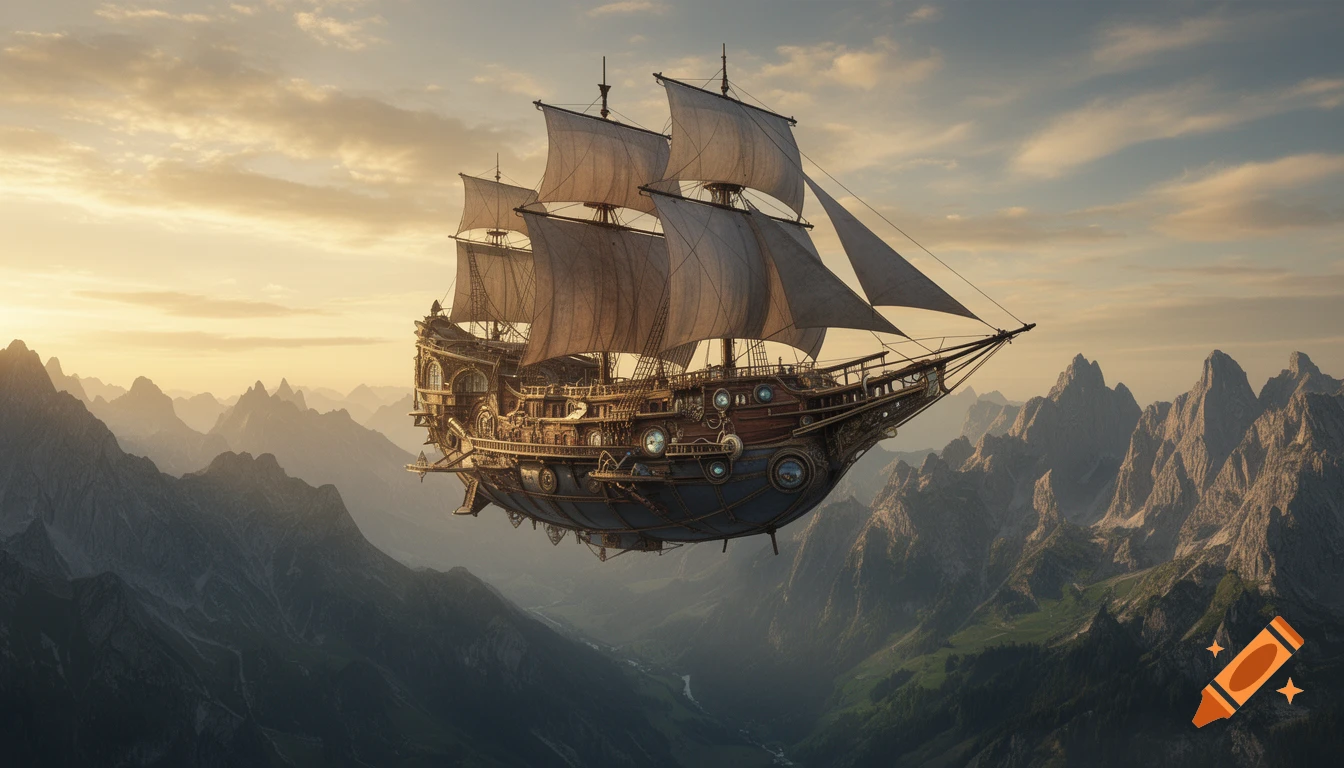 A detailed steampunk-style airship with sails floats high above rugged, misty mountain peaks under a dramatic sky.