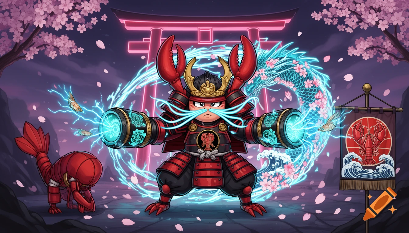 A cartoon lobster samurai in red and black armor with energy mustaches, glowing cannons, surrounded by a neon dragon and cherry blossoms.