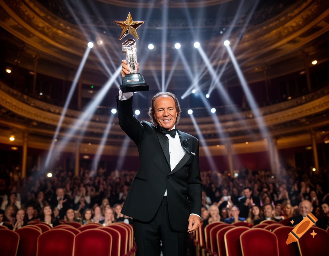 A man in a tuxedo smiles, holding a star-topped trophy with the number one up high on a spotlight-lit stage, facing a cheering audience.