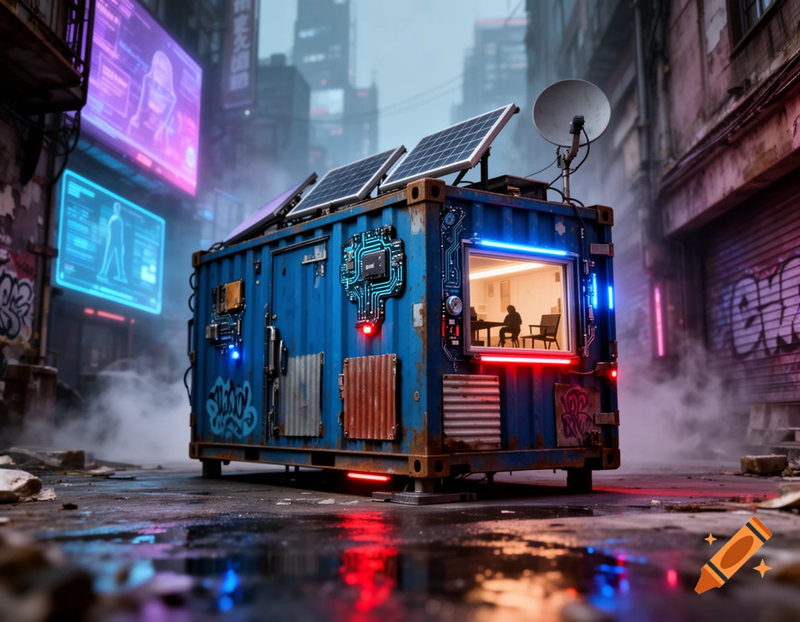 A blue cyberpunk container 'tiny house' with solar panels and neon lights sits in a dark, wet urban alley with glowing billboards.