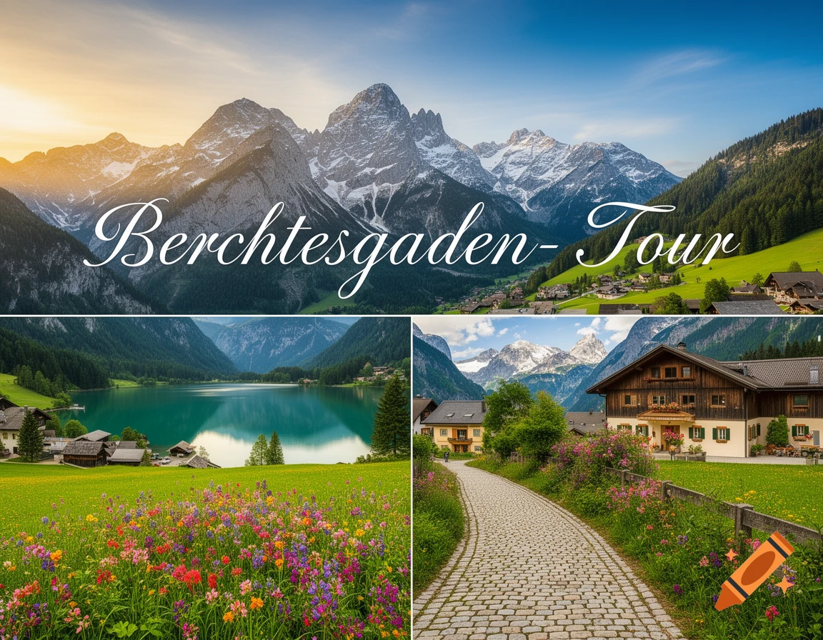 Photorealistic collage of Berchtesgaden landscapes: snow-capped mountains, turquoise lake, wildflowers, and a traditional house, with 'Berchtesgaden-Tour' text.