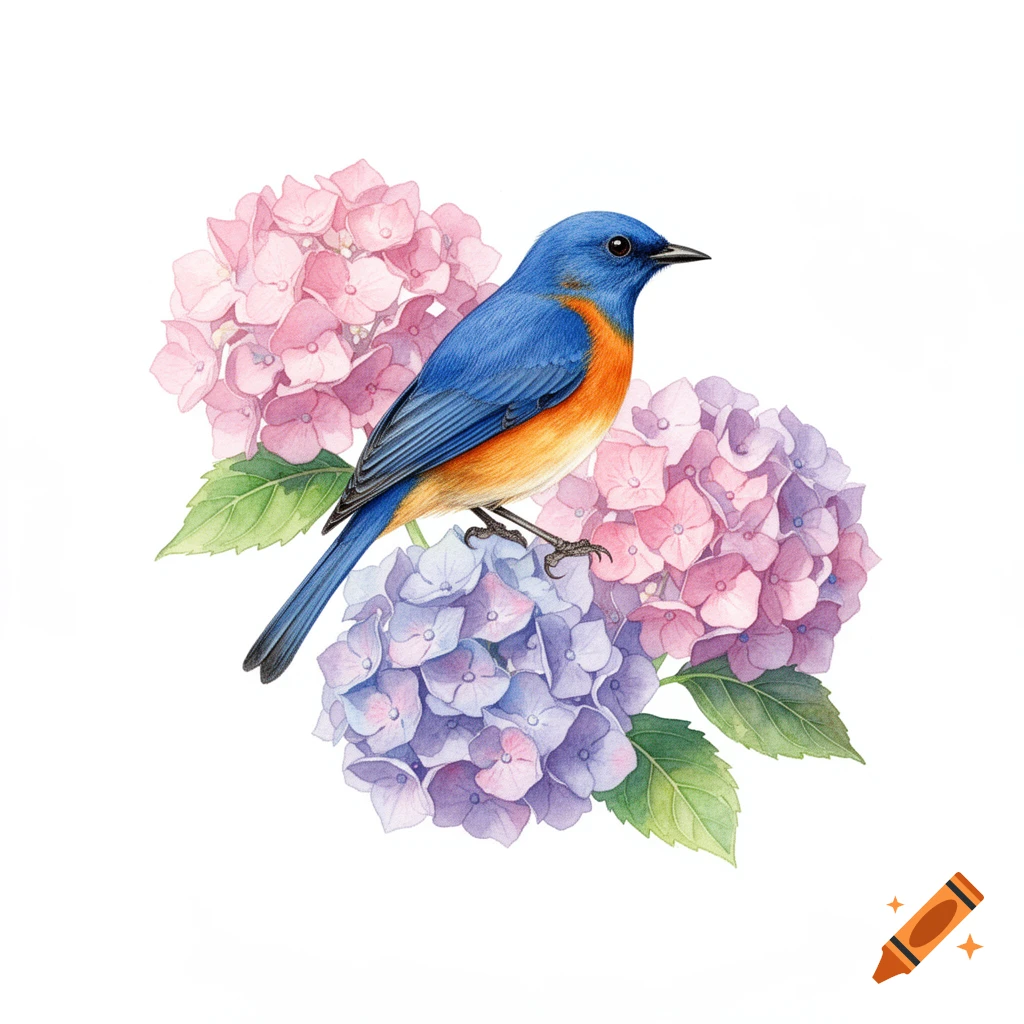 Watercolor illustration of a blue and orange bird perched on pink and purple hydrangeas against a white background.