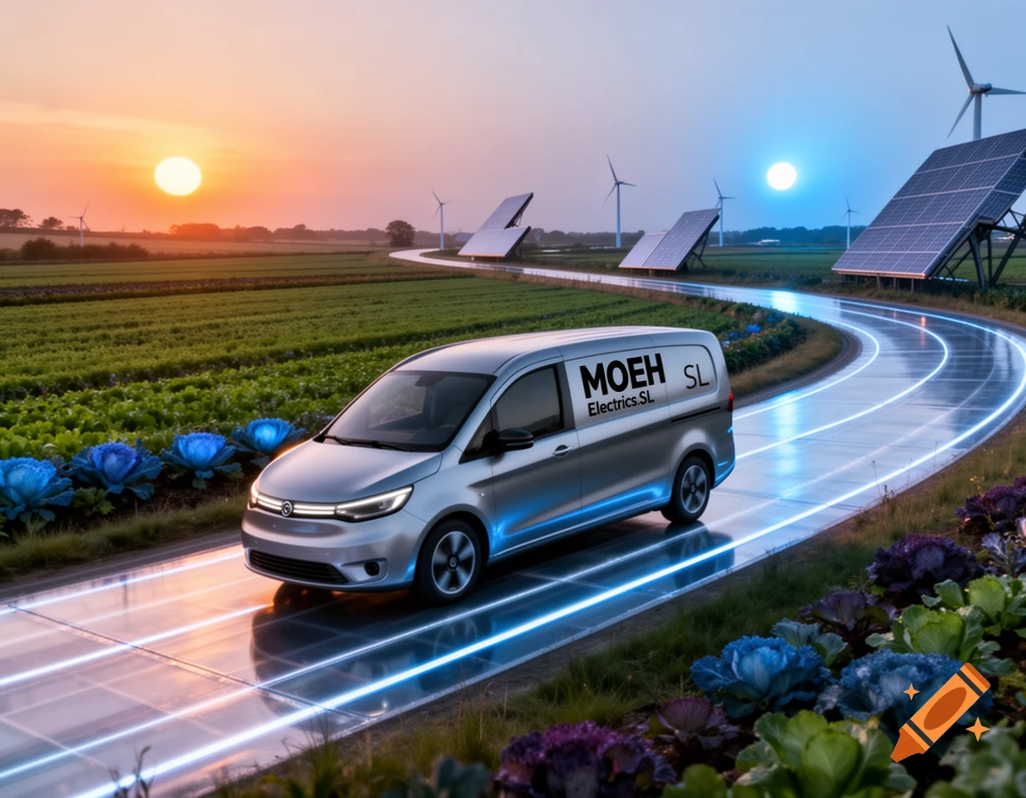 Silver electric van on a glowing futuristic road through a rural landscape with solar panels, wind turbines, and two suns at sunrise and dusk.