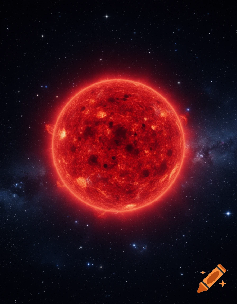 A vibrant red giant star with a glowing aura, set against a dark, star-filled cosmic background with faint nebulae.