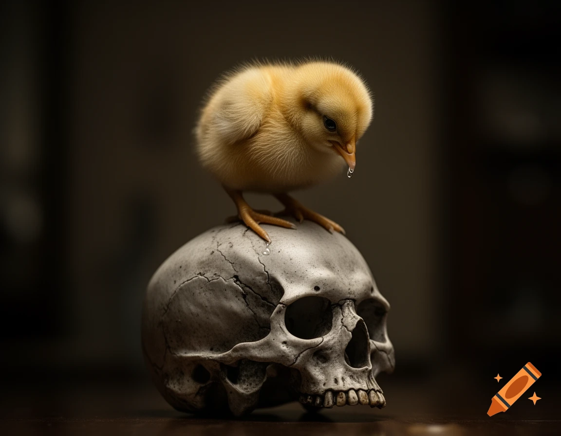 A fluffy yellow chick stands on a weathered human skull, with a drop of liquid hanging from its beak in a dark, moody setting.