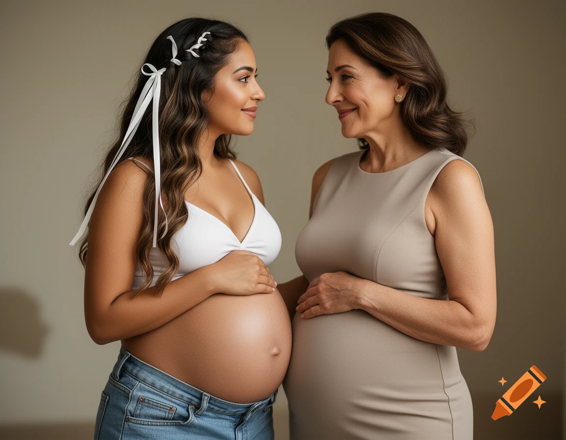 Two pregnant women, one young in a bralette and jeans, another older in a dress, stand looking at each other with hands on their bellies.